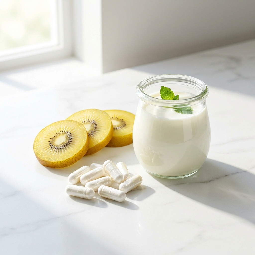 Gut health and digestion supplements UK - probiotic capsules with golden kiwifruit and kefir