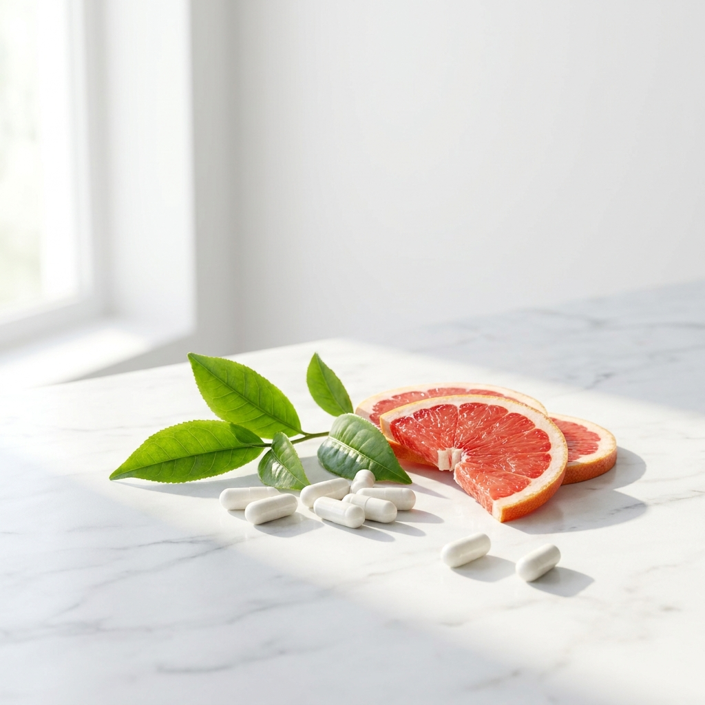 Energy and metabolism supplements UK - capsules with matcha leaves and grapefruit