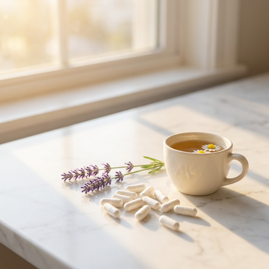 Stress mood and sleep supplements UK - ashwagandha capsules with lavender and chamomile tea