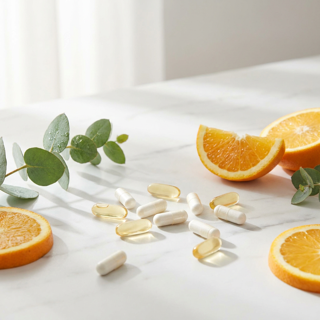 Body React premium vitamins and supplements - capsules with fresh orange on white marble