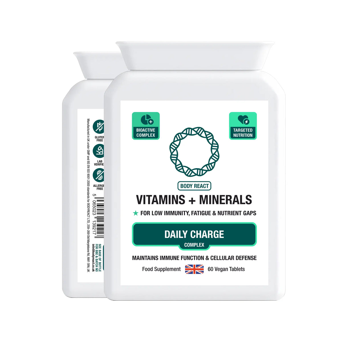BodyReact Vitamins + Minerals Complex front and side view