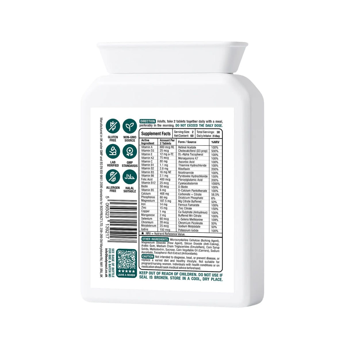 BodyReact Vitamins + Minerals Complex supplement facts and back label
